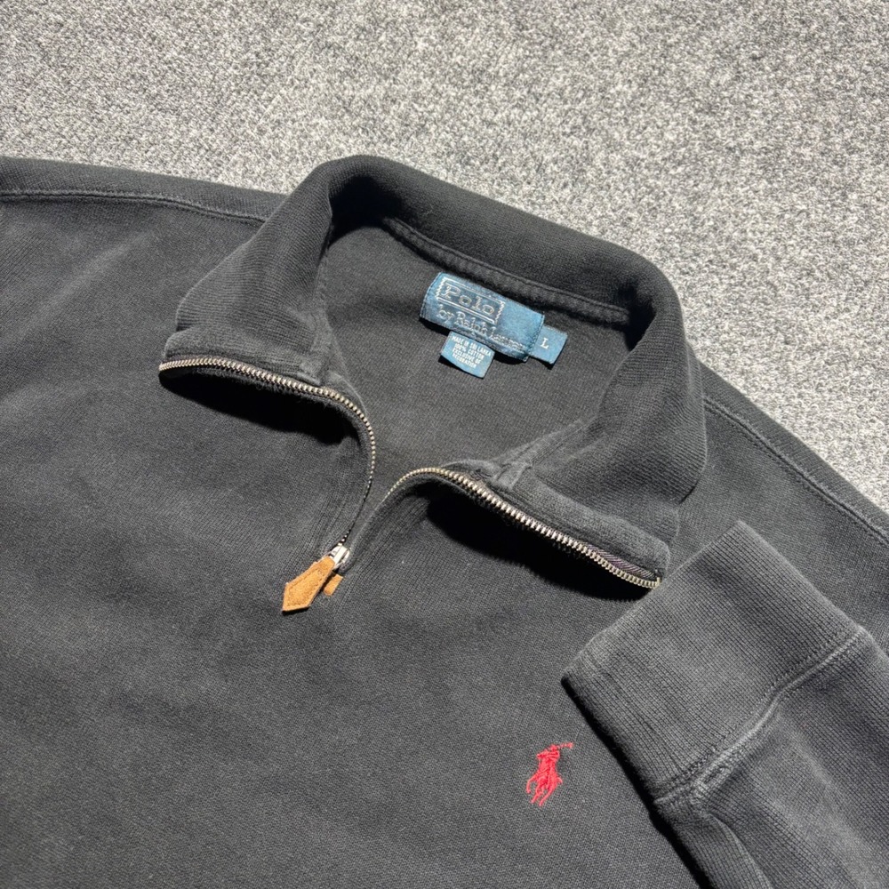 Polo Ralph Lauren Mens Large Black Cotton Quarter Zip Pullover Red Pony Logo